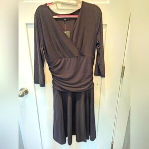 “Rekucci NWT Black Faux Wrap Dress Size 8 3/4 Sleeve Ruched Waist A-Line”